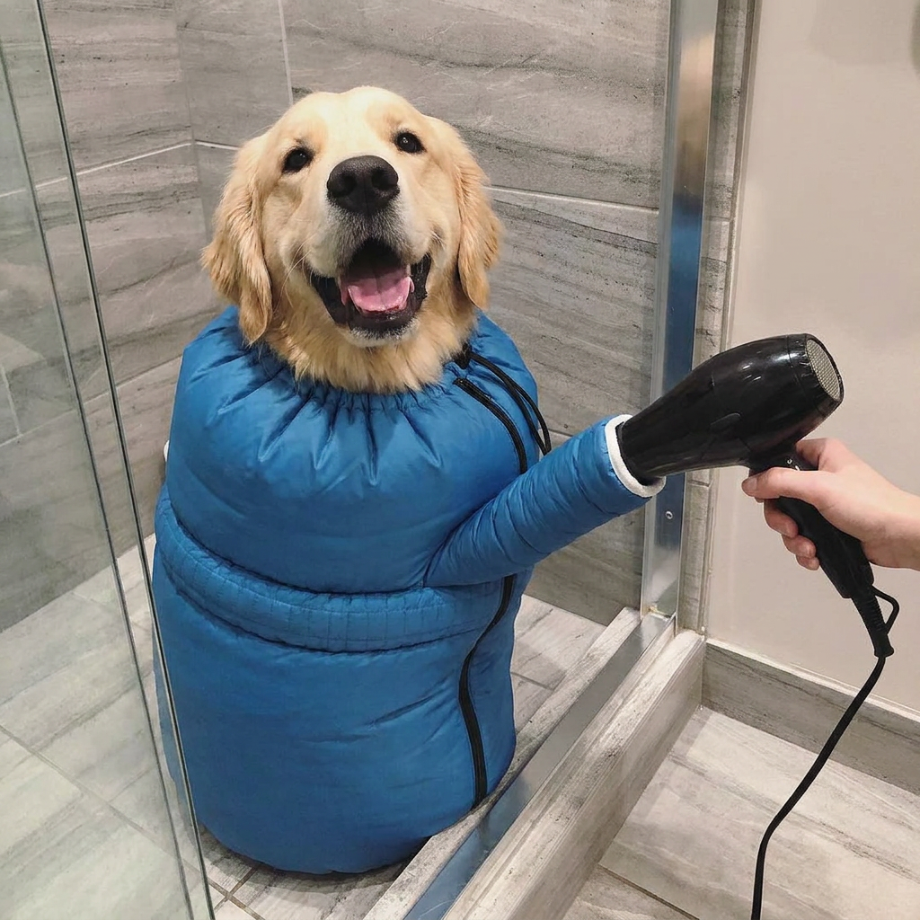 Golden retriever suszony w worku zwykłą suszarką